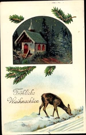 Ansichtskarte / Postkarte Glückwunsch Weihnachten, Schneebedeckte Kapelle, Reh