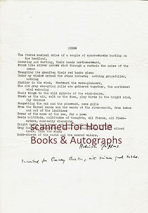 Manuscript of his Poem "Birds" Signed / Inscribed