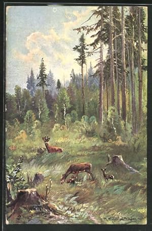 Bild des Verkufers fr Knstler-Ansichtskarte M. Mller jun.: Wildtiere auf einer Lichtung zum Verkauf von Bartko-Reher