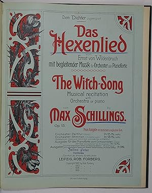 Bild des Verkufers fr Das Hexenlied von Ernst von Wildenbruch mit begleitender Musik fr Orchester oder Pianoforte. The Witch-Song. Musical recitation with orchestra or piano. Op.15. Neue Ausgabe mit deutschem u. englischem Texte. Leipzig, Rob. Forberg [VN 5587] 1902-05. 4. 26 S., mit farblithogr. Titel, Lwd. d. Zt. mit Deckeltitel u. eingeb. OUmschl. zum Verkauf von Antiquariat Johannes Mller