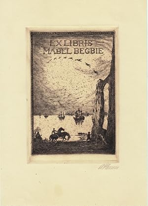 Bild des Verkufers fr Ex Libris Mabel Begbie. Reiter und Fechter an Ufer mit Segelschiffen. zum Verkauf von Antiquariat  Braun