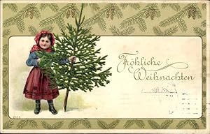 Präge Ansichtskarte / Postkarte Glückwunsch Weihnachten, Mädchen mit Tannenbaum, Zapfen