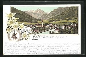 Lithographie Zell im Zillerthal, Gemse, Teilansicht mit Fluss und Bergen, Edelweiss