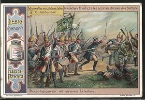 Bild des Verkufers fr Sammelbild Liebig, Schusswaffen verschiedener Zeiten, 4. 18 Jahrhundert, Grenadiere Friedrich des Grossen strmen zum Verkauf von Bartko-Reher