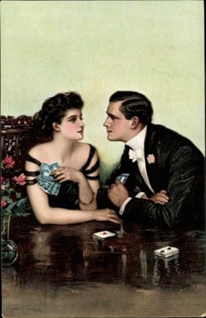 Künstler Ansichtskarte / Postkarte Underwood, Clarence, Gewagtes Spiel, Liebespaar, Kartenspiel -...