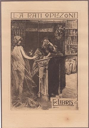 Imagen del vendedor de Ex Libris L. A. Rati Opizzoni. Gelehrter am Stehpult mit Buch, daneben leichtverhllter weiblicher Akt (Rckenfiguer). "Omnia cum tempore". a la venta por Antiquariat  Braun