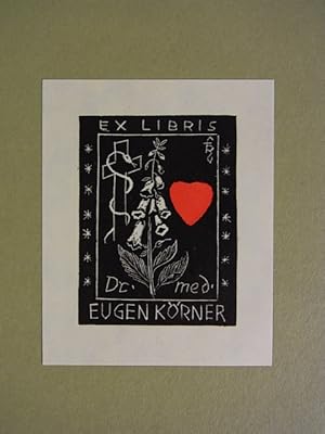 Imagen del vendedor de Exlibris fr Dr. med. Eugen Krner. Motiv: skulapnatter an Kreuz, daneben Digitalispflanze und Herz. Holzstich a la venta por Antiquariat Weber