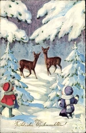Ansichtskarte / Postkarte Glückwunsch Weihnachten, Kinder, Rehe, Wald