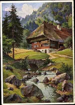 Künstler Ansichtskarte / Postkarte Merker, W., Schwarzwald, Reetdachhaus, Bach