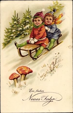 Ansichtskarte / Postkarte Glückwunsch Neujahr, Schlittenfahrt, Pilze, Kinder