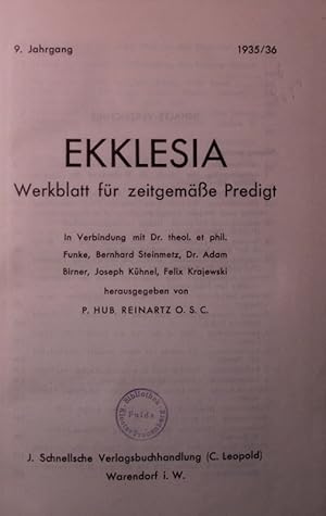 Bild des Verkäufers für Ekklesia. Werkblatt für zeitgemäße Predigt. 9. Jahrgang. zum Verkauf von Antiquariat Bookfarm