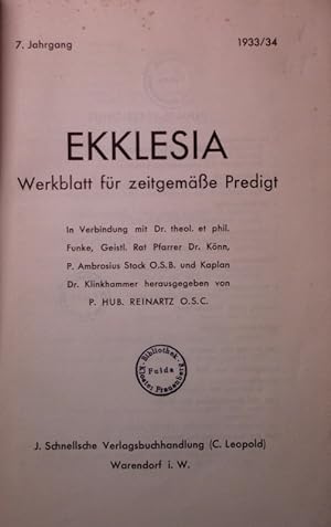 Bild des Verkäufers für Ekklesia. Werkblatt für zeitgemäße Predigt. 7. Jahrgang. zum Verkauf von Antiquariat Bookfarm