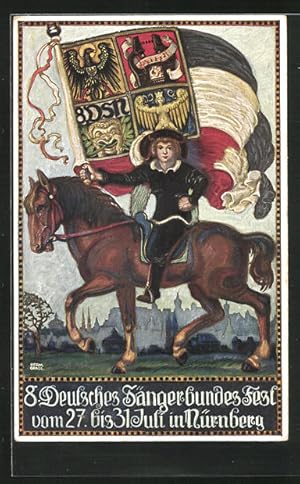 Bild des Verkufers fr Knstler-Ansichtskarte Nrnberg, 8. Deutsches Snger Bundes Fest, 1912, Herold zu Pferde zum Verkauf von Bartko-Reher