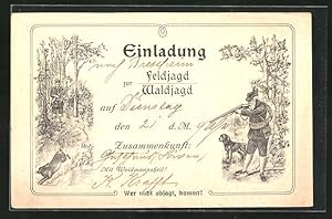 Lithographie Jagdeinladung, Jäger zielt auf Hasen