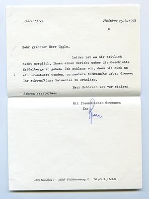 Bild des Verkufers fr Ms. Brief mit eigenh. U. ("Speer"). zum Verkauf von Antiquariat INLIBRIS Gilhofer Nfg. GmbH