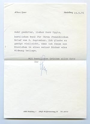 Bild des Verkufers fr Ms. Brief mit eigenh. U. ("Speer"). zum Verkauf von Antiquariat INLIBRIS Gilhofer Nfg. GmbH