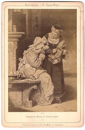 Fotografie Theodor Stroefer, München, Gemälde Faust Gretchen bei Martha den Schmuck zeigend