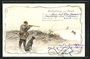 Ansichtskarte Einladung zur Jagd, Jäger mit Hund schiesst auf Hasen