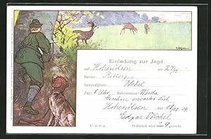 Ansichtskarte Einladung zur Jagd, Jäger mit Hund beobachtet Rehbock und Rehe