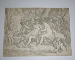 Mars and Venus seated in center surrounded by woods, with Cupids playing around them and caressin...