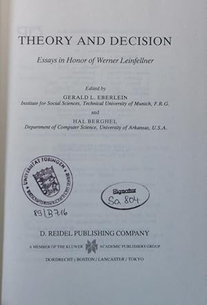 Image du vendeur pour Theory and decision Hrsg. G. Eberlein ; Hrsg. H.A. Berghel / Theory and Decision Library ; 50 mis en vente par Antiquariat Bookfarm