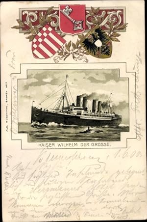 Präge Wappen Passepartout Litho Dampfschiff Kaiser Wilhelm der Große, Norddeutscher Lloyd Bremen