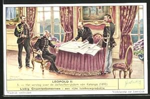 Sammelbild Liebig, Serie: Leopold II, No. 5, Het verslag over de delfstoffenrijkdom van Katanga 1893