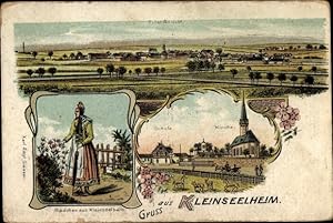 Litho Kleinseelheim Kirchhain in Hessen, Mädchen in Tracht, Kirche, Totalansicht