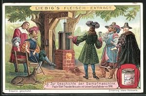 Bild des Verkufers fr Sammelbild Liebig, Serie: Zur Geschichte der Dampfmaschine, Bild 2, Papin fhrt Freunden Dampfcylinder vor, 1690 zum Verkauf von Bartko-Reher