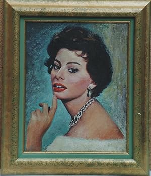 "Sophia LOREN" Peinture gouache sur bois originale encadrée P. SCOYEN 1958