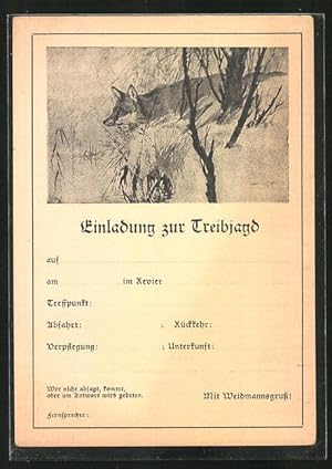 Image du vendeur pour Knstler-Ansichtskarte Einladung zur Treibjagd, Fuchs pirscht durchs Unterholz mis en vente par Bartko-Reher