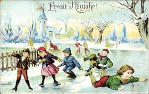 Ansichtskarte / Postkarte Glückwunsch Neujahr, Kinder beim Eislaufen, Winterlandschaft