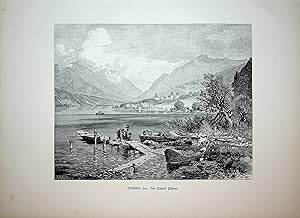 Kärnten, Millstatt am See mit dem Stift, Gesamtansicht, Ansicht ca. 1880 originale Druckgrafik