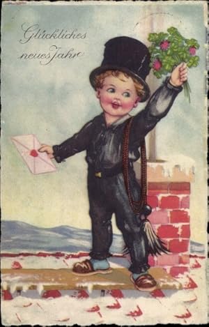 Ansichtskarte / Postkarte Glückwunsch Neujahr, Schornsteinfeger mit Kleeblättern