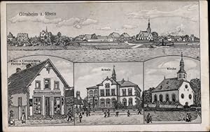 Künstler Ansichtskarte / Postkarte Ginsheim in Hessen, Kolonialwaren Philipp Rauch, Schule, Kirch...
