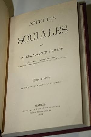 Bild des Verkufers fr Estudios sociales. Tomo primero: La familia, el estado, la propiedad.- Colom y Beneito, Fernando zum Verkauf von MUNDUS LIBRI- ANA FORTES