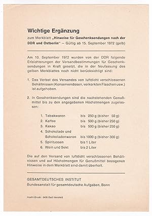 Wichtige Ergänzung zum Merkblatt: Hinweise für Geschenksendungen nach der DDR und Ostberlin. Gült...