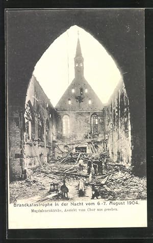 Ansichtskarte Strassburg, Brandkatastrophe im August 1904, Ausgebrannte Magdalenenkirche