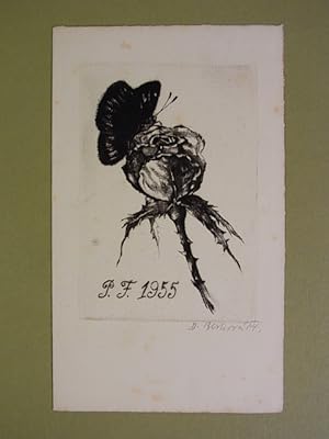 Graphik Dagmar Berkova P.F. 1955. Motiv: Rose und Schmetterling. Original-Radierung. Signiert