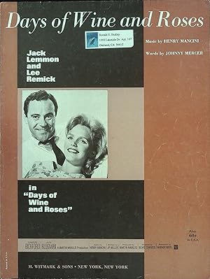Bild des Verkufers fr The Days of Wine and Roses Sheet Music 1963 Jack lemmon, Lee Remick zum Verkauf von AcornBooksNH