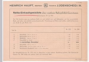 Heinrich Haupt, Besteck-Fabrik, Lüdenscheid i. W. - Netto-Einkausfpreisliste über rostfreie Schöp...