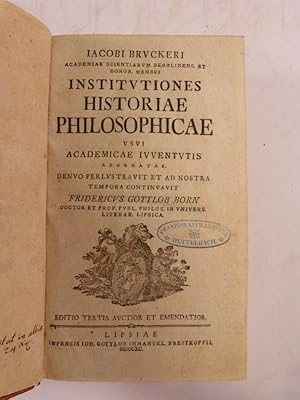 Bild des Verkufers fr Institutiones Historiae Philosophicae usui academicae iuventutis adornatae. zum Verkauf von Antiquariat Bookfarm