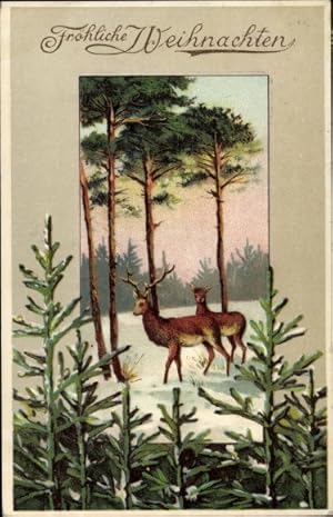 Präge Ansichtskarte / Postkarte Glückwunsch Weihnachten, Winterlandschaft mit Rehen
