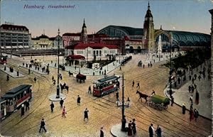 Ansichtskarte / Postkarte Hamburg Mitte Altstadt, Blick auf den Hauptbahnhof, Straßenbahn, Kutsche