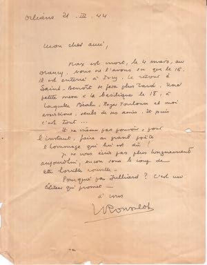 Lettre au poète Henri de Lescoët datée du 21 mars 1944 à propos du décès de Max Jacob (5 mars 1944).