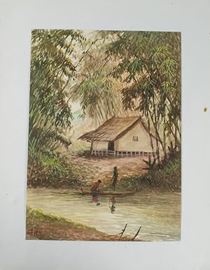 River Scene with a Dwelling and a Pair of Figures by a Boat.