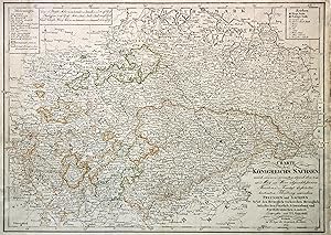 Bild des Verkufers fr Kupferstich- Karte, n. Gssefeld im Verlag des Geo. Inst. Weimar, "Charte des Knigreichs Sachsen nach seiner neuesten, durch den am 21sten May zu Wien abgeschlossenen Friedens-Tractat definitiv bestimten Theilung zwischen Preussen und Sachsen. Nebst den Herzoglich Schsischen Herzoglich Anhaltischen Frstlich Schwarzburg und Frstl. Reussischen Lndern.". zum Verkauf von Antiquariat Clemens Paulusch GmbH