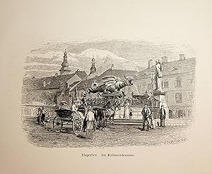 KÄRNTEN, Klagenfurt, Lindwurmbrunnen Ansicht ca. 1880 originale Druckgrafik