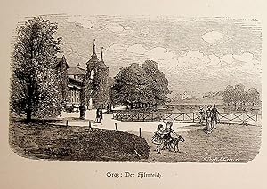 STEIERMARK, Graz, Hilmteich mit Hilmteichschlössel, Ansicht ca. 1880 originale Druckgrafik