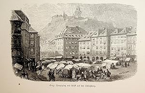 STEIERMARK, Graz, Hauptplatz, Blick zum Schloßberg, Ansicht ca. 1880 originale Druckgrafik